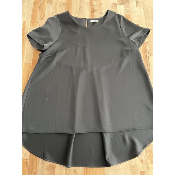 Pleione Tops - Pleione Short Sleeve High Low Shiny Knit Top Blouse Flowy Elegant Black XL